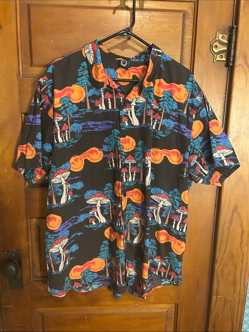 Neff Mushroom Black Short-Sleeve Button-Up Shirt with Orange and Blue Graphic